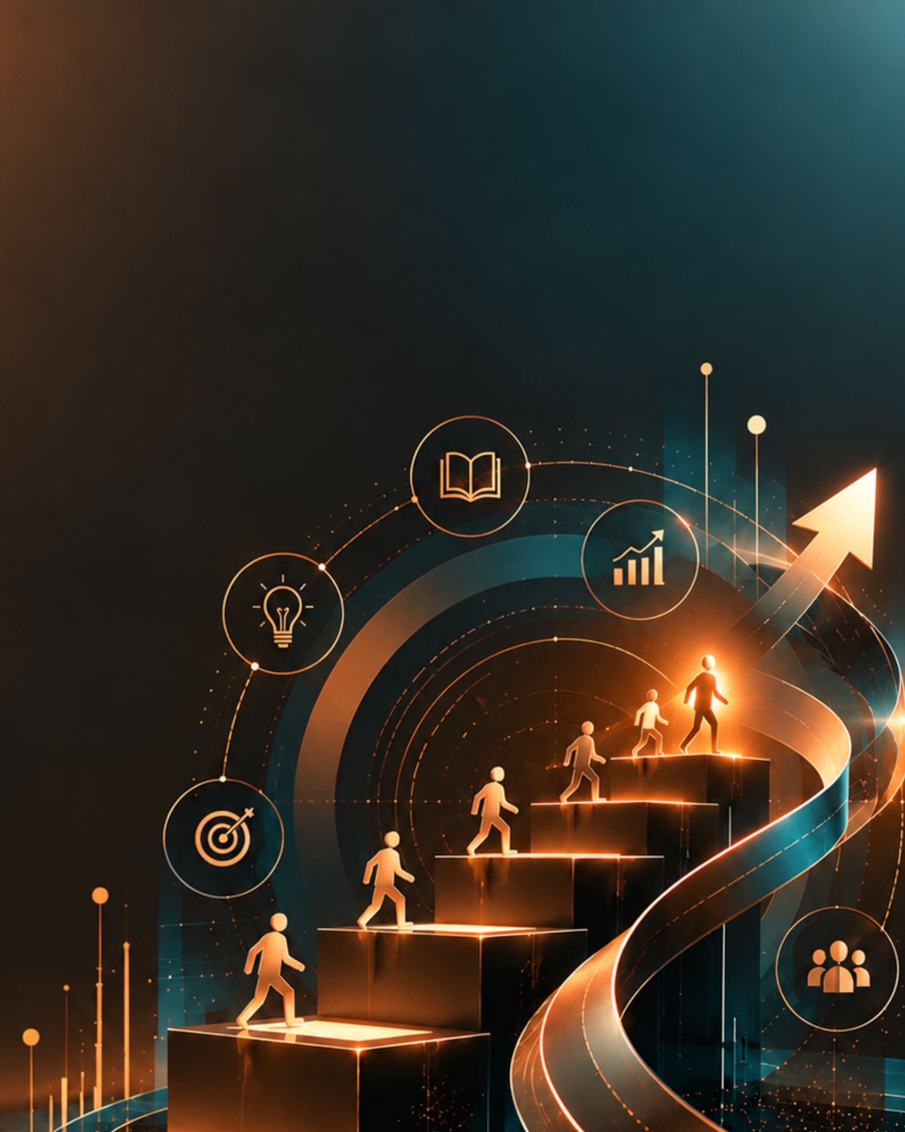 Capacitaciones comerciales: figuras ascendiendo escalones hacia el crecimiento con íconos de aprendizaje